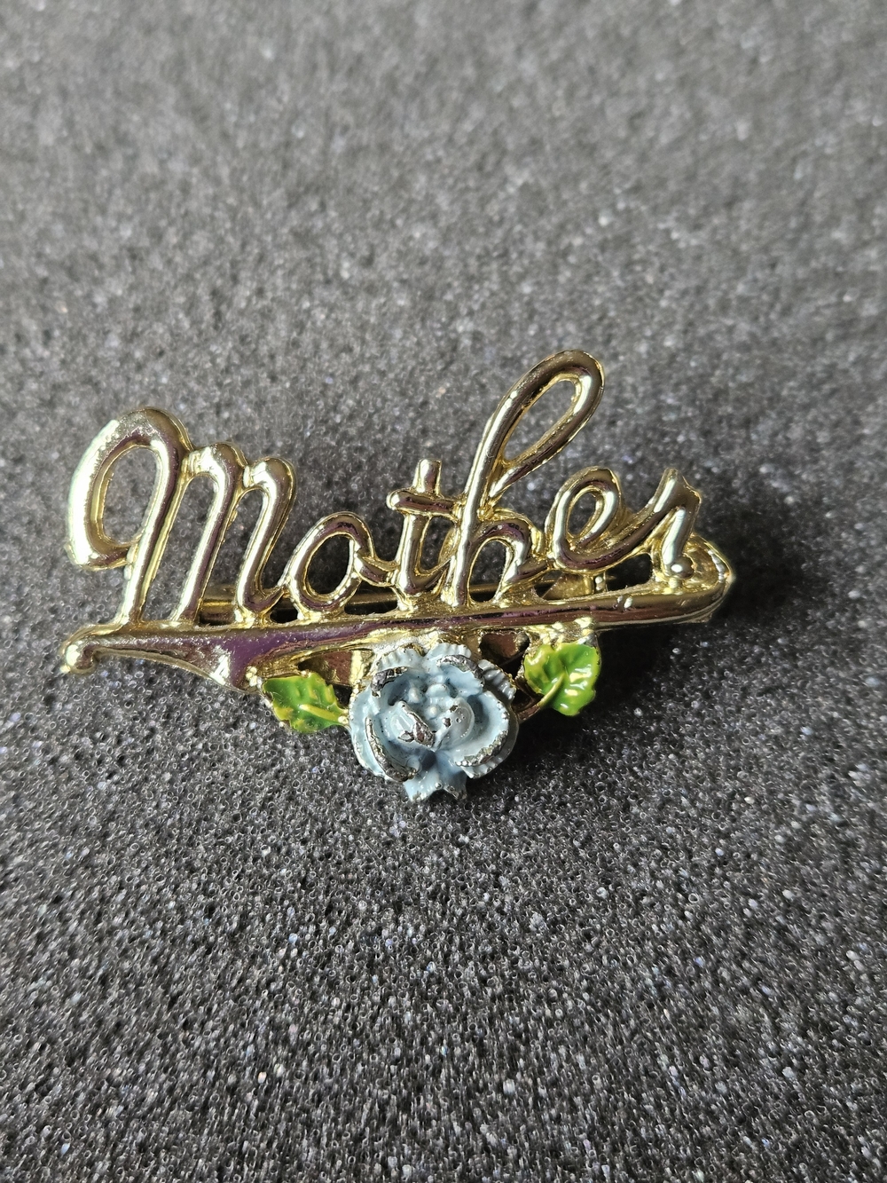 Gerry's Gold 'Mother' Script Brooch with Blue Flower and Green Leaves